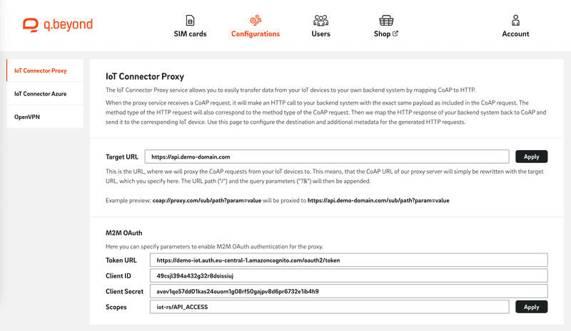 screenshot iot connector proxy M2M OAuth