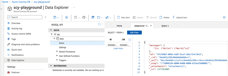 screenshot Azure Portal Cosmos DB